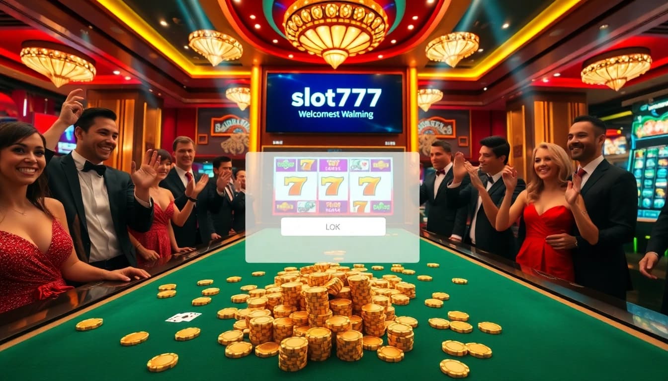Experience the thrill of slot777 login with vibrant slot machines and joyous casino players.