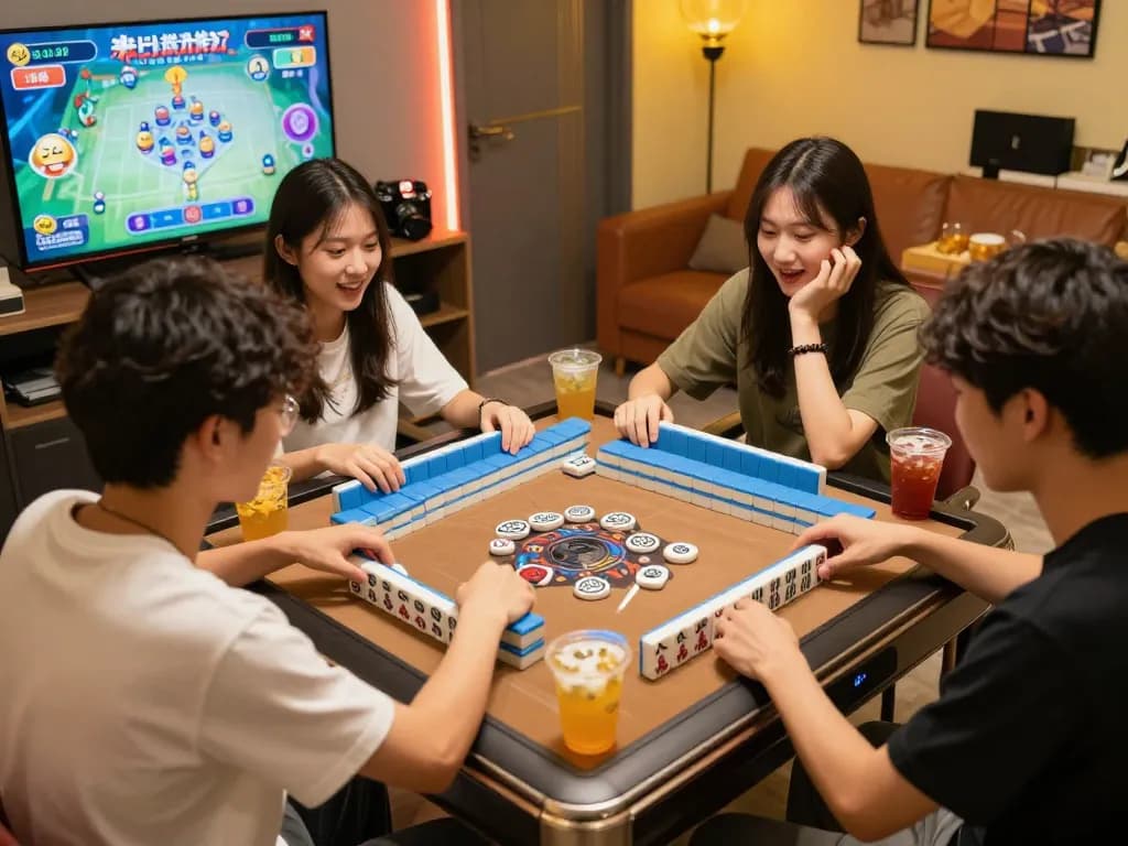 Teman-teman yang terlibat bermain sesi aman mahjong ways 2 di ruang permainan yang semarak dengan camilan.