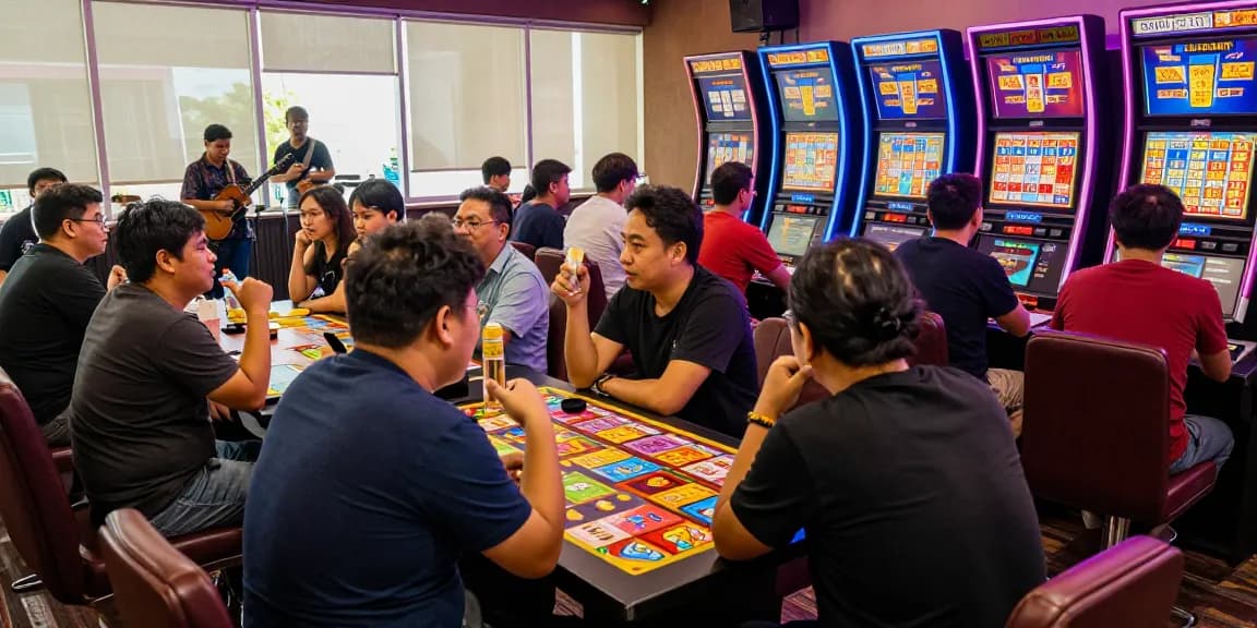 Engaged players at a vibrant situs togel game hall filled with excitement.