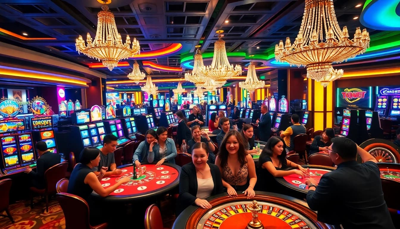 Bergabunglah dalam kegembiraan di Emastoto dengan adegan kasino yang penuh warna menampilkan poker, slot, dan rolet.