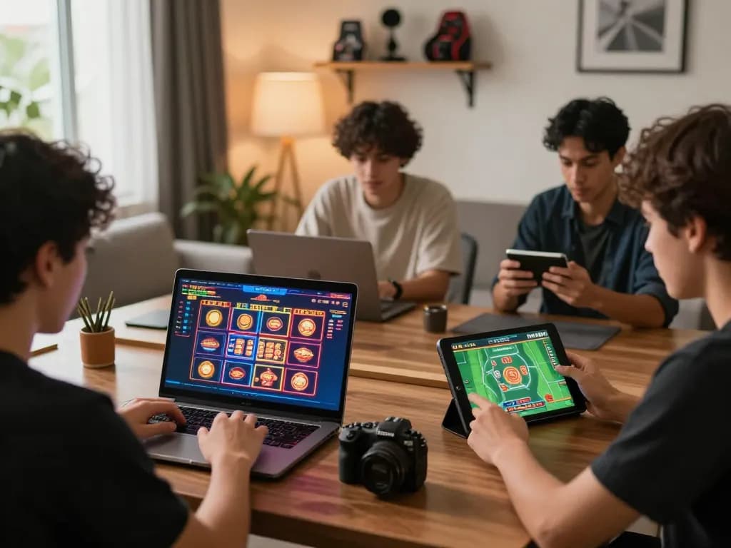 Players captivated by RR88 online casino games in a cozy setting, showcasing live gaming and sports betting.