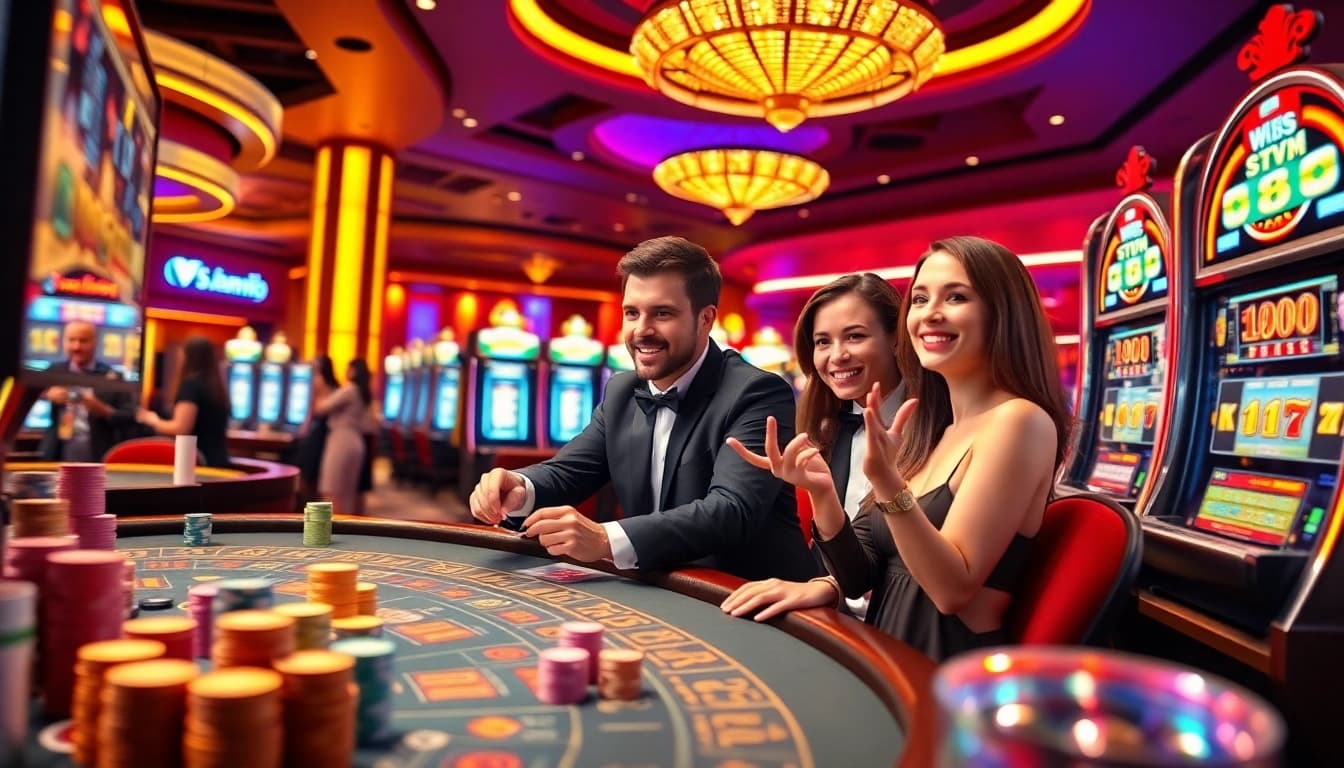 Engaged players enjoying high-stakes action at a go 88 casino table with vibrant chips and slot machines.