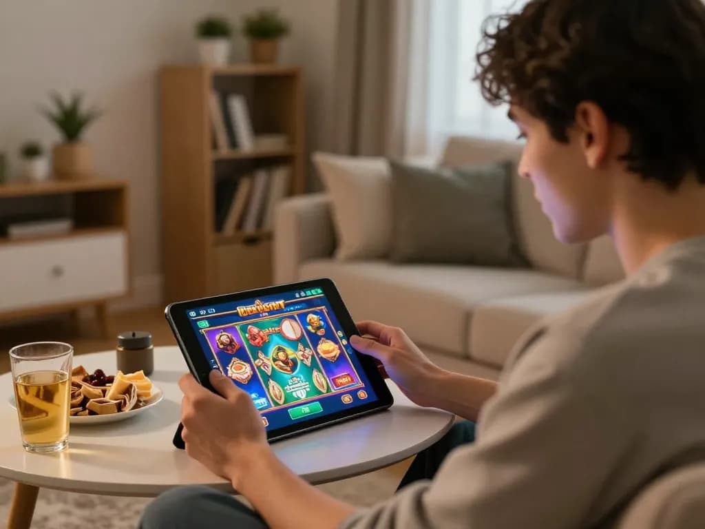 Engaging player on tablet at home with BAYITOTO slot game, snacks nearby highlighting fun online gambling
