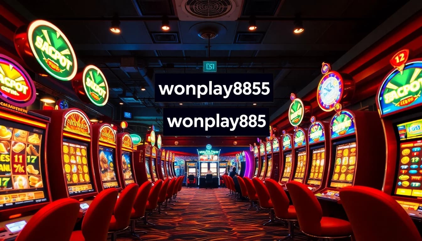 Experience thrilling online gaming with wonplay895 in a vibrant casino setting filled with colorful slot machines and happy players.