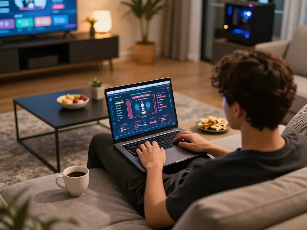 Engaging in online gambling at a situs pulsa online with a cozy home setup, showcasing gaming interface and warm lighting.