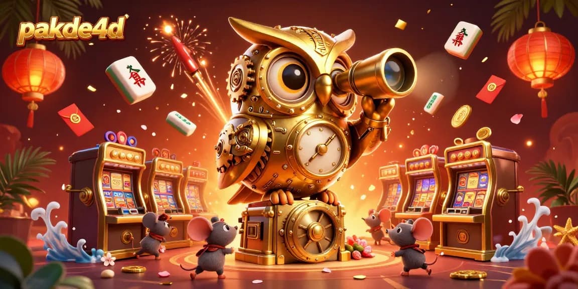 Experience pakde4d's thrilling gameplay with a whimsical scene of a golden owl and mice at a vibrant casino.