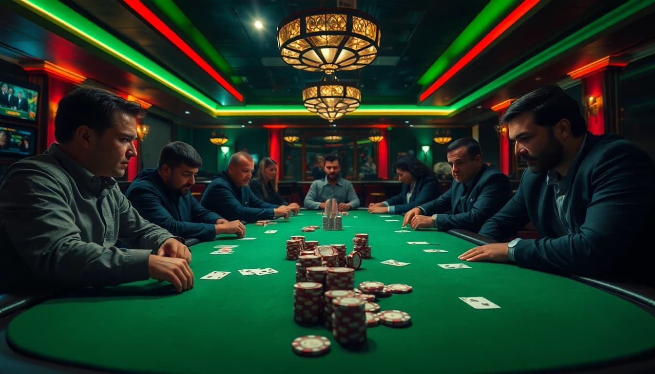 tkp188 tampilkan pemain poker yang fokus dalam suasana perjudian yang mendebarkan.