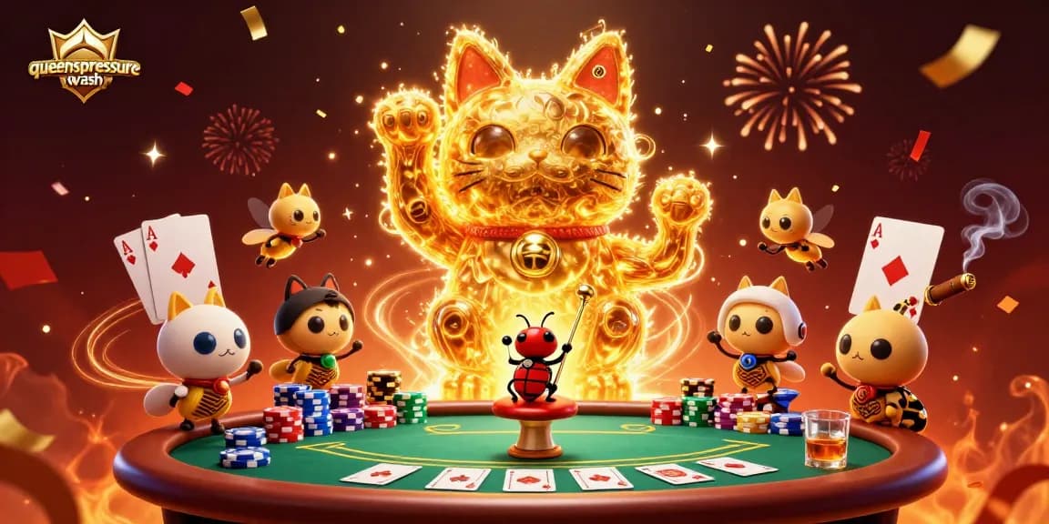 Bet big with queenspressurewash as golden fireflies create a lucky cat and poker scene.