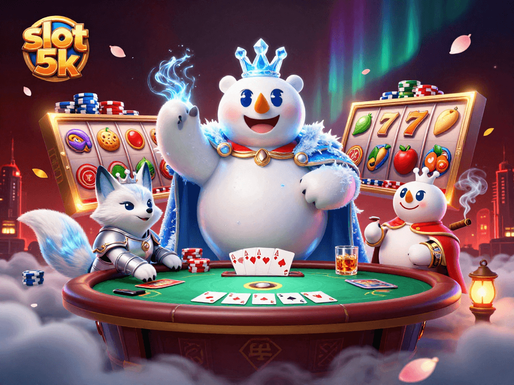 Spin to win with slot 5k, featuring a 3D snow fox and ice king in a vibrant gambling scene.