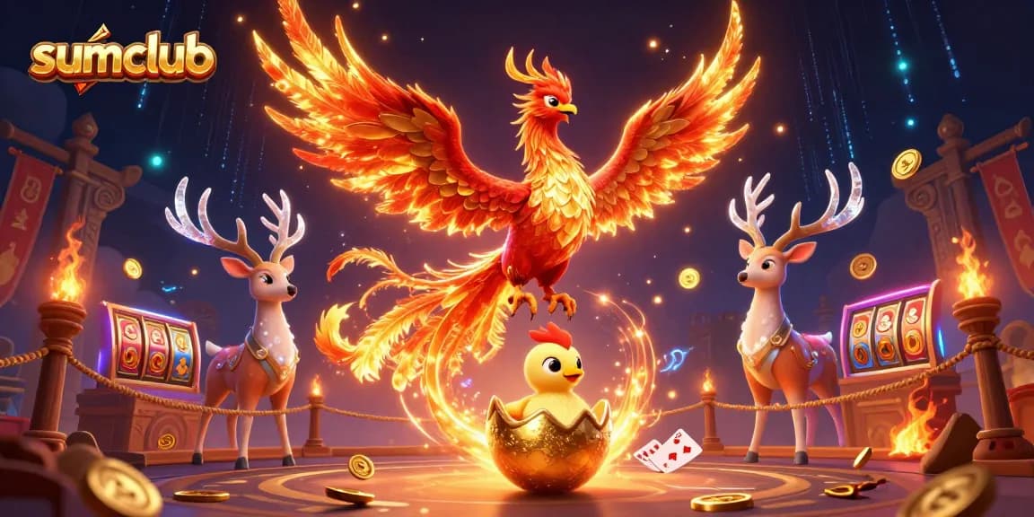 Experience the thrill of sumclub with a daring phoenix and mystical stag in a vibrant casino setting.