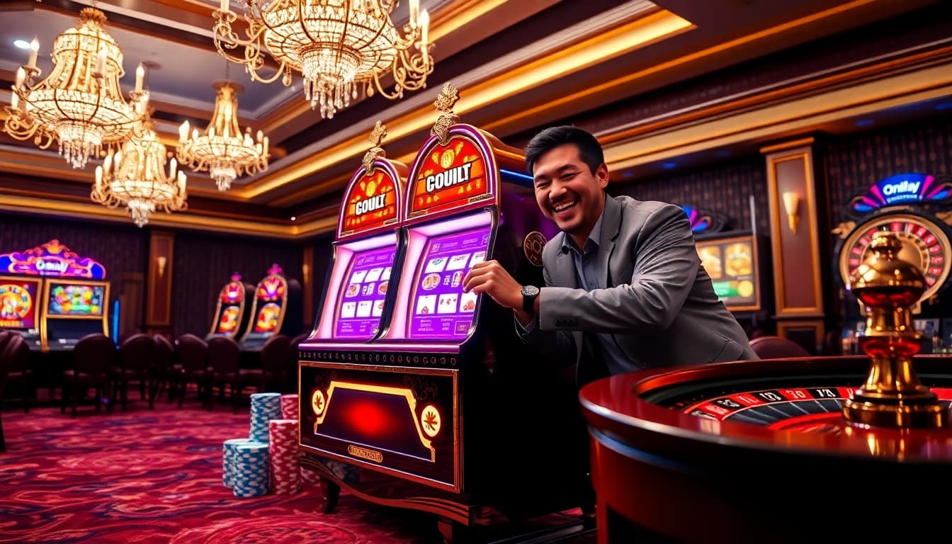 Winning big at Onicplay with vibrant slot machines and poker chips.
