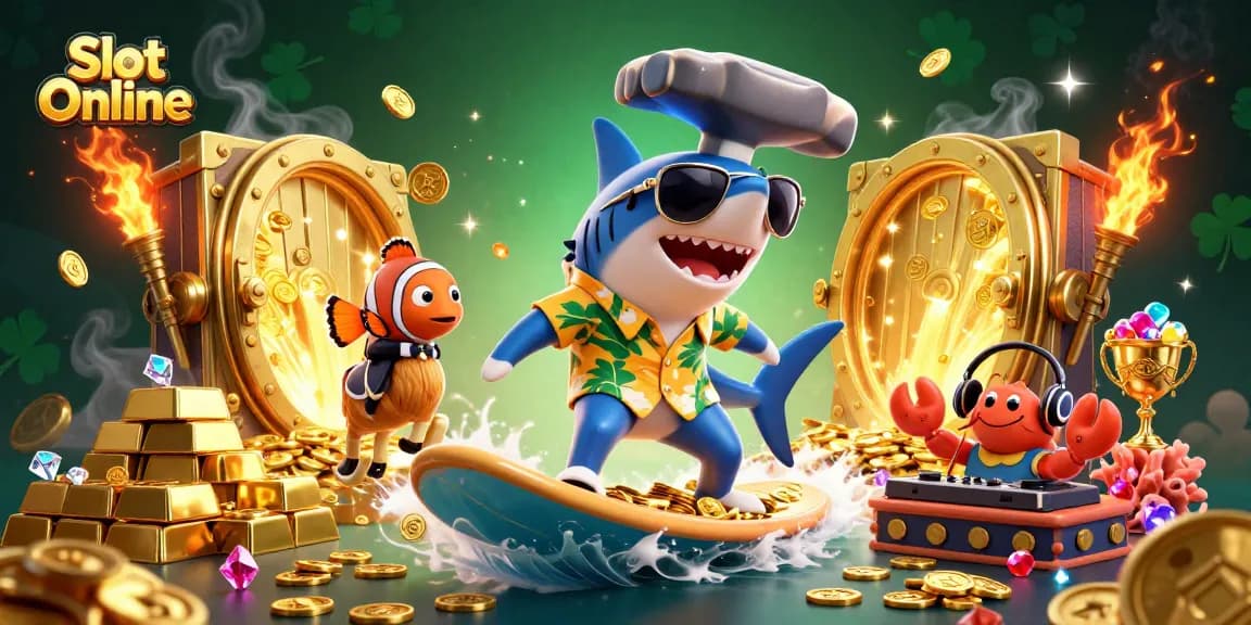 Experience the thrill of Slot Online with a vibrant illustration featuring dynamic characters and gold coins.