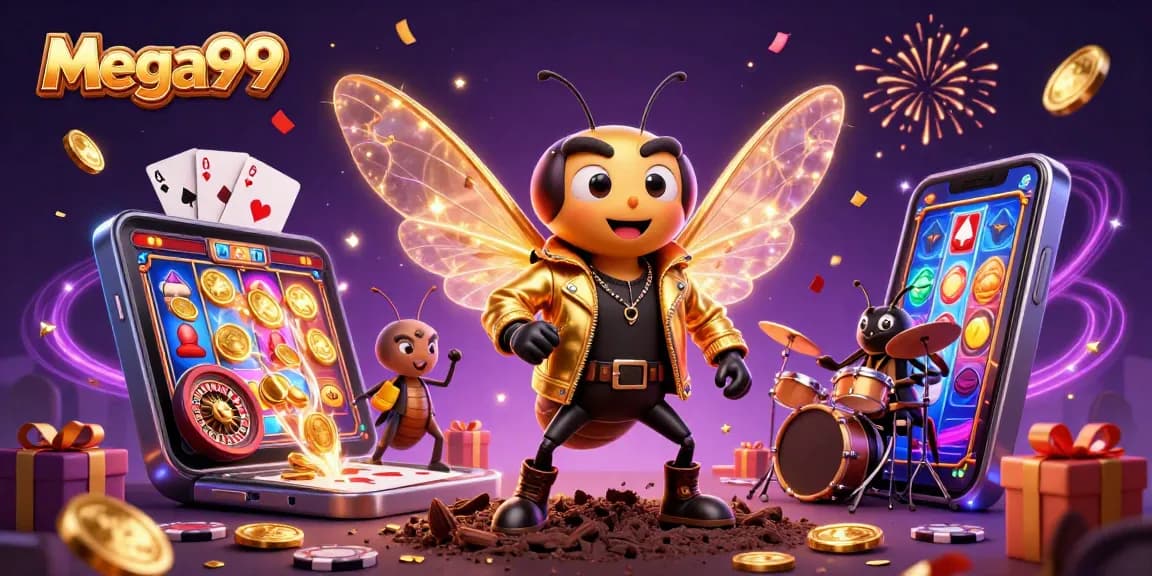 Experience mega99's thrilling slot adventure with vibrant 3D characters and celebratory elements.