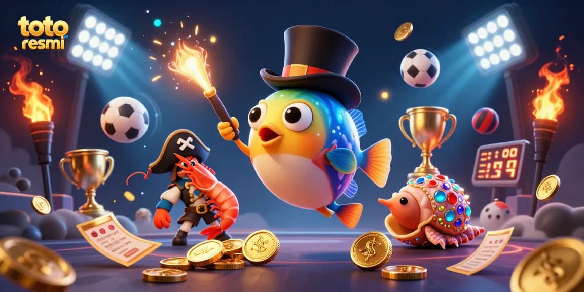 Gambar ilustrasi 3D dengan tema toto resmi menampilkan ikan laut dalam menarik koin emas.