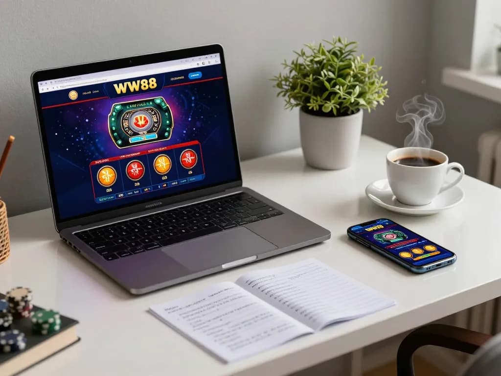 Engage with WW88's online casino experience on a sleek laptop from a cozy home setup.