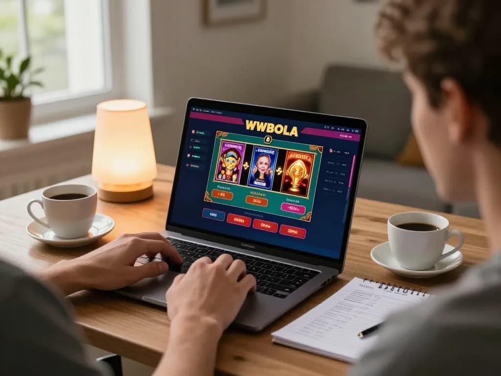 WWBOLA player strategizing online poker and slot betting in a cozy home setting