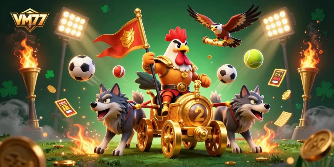Experience the excitement of VM777 with a cartoon rooster warlord leading the charge in a dynamic betting scene.