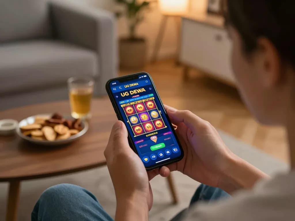 Engaging with UG DEWA app for an exciting online casino experience in a cozy home setting.