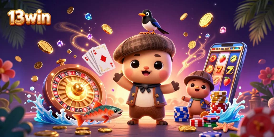 Experience thrilling casino excitement with 13win's vibrant 3D illustration featuring charming characters.