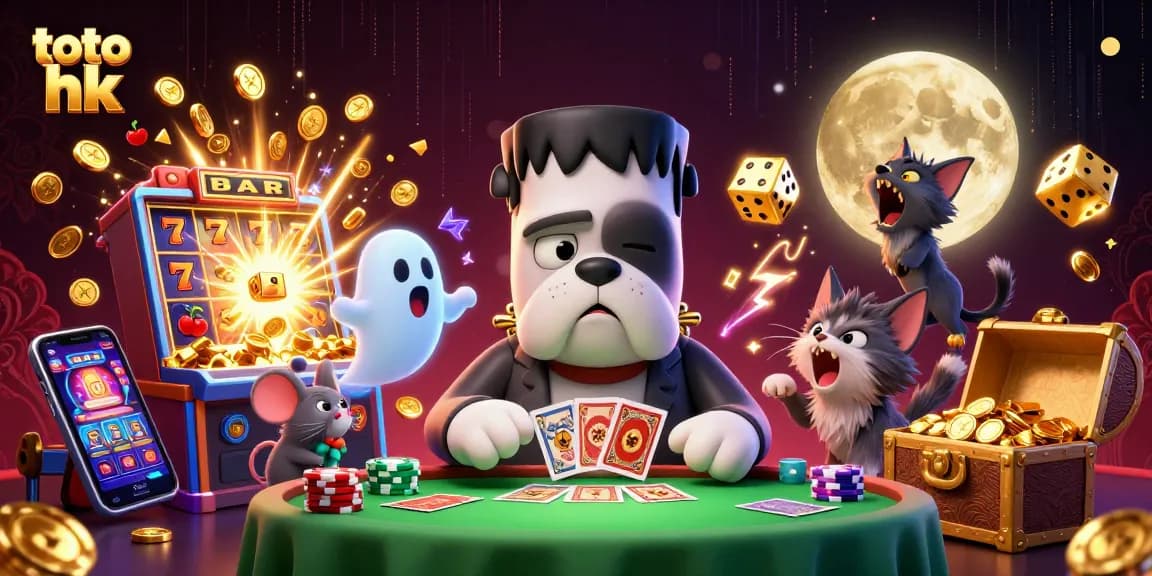 Menangkan permainan toto hk dengan kartun 3D Frankenstein bulldog dan kucing werewolf di kasino virtual.