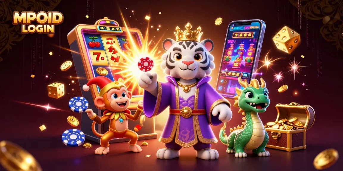 Experience the excitement of MPOID LOGIN with a dynamic casino scene featuring colorful characters and game elements.