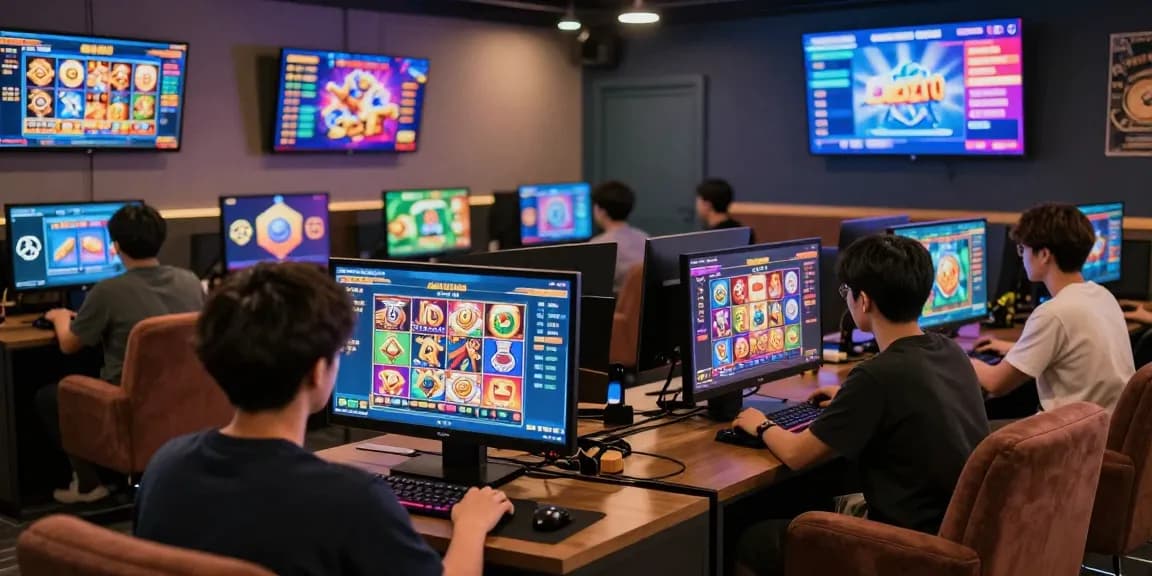 Exciting scene of players enjoying popular toto slot games in a vibrant online gaming lounge.