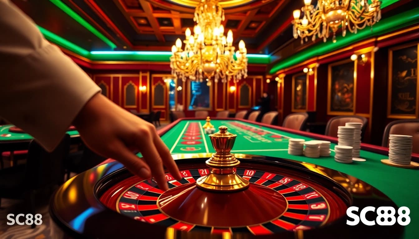 Engaging scene of SC88 casino games with vibrant tables and excited players enjoying their bets.