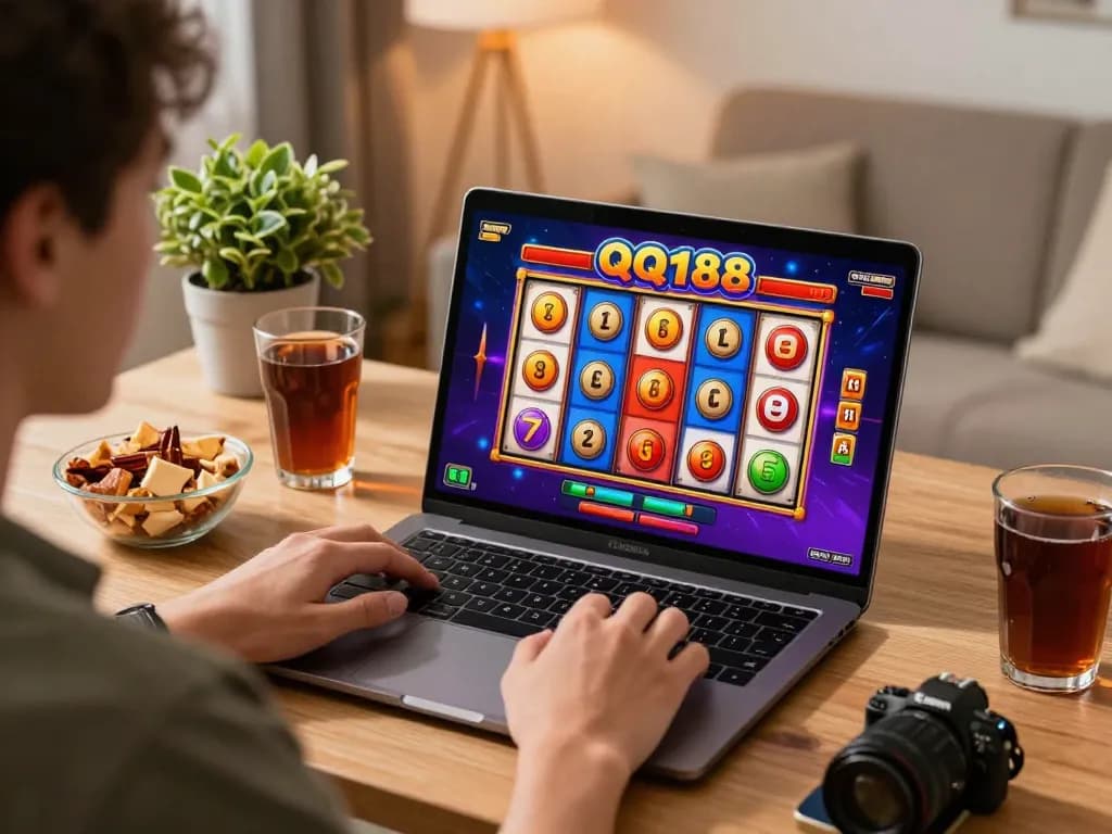 Bermain QQ188 Slot secara online di rumah dengan visual layar yang cerah dan suasana yang nyaman.
