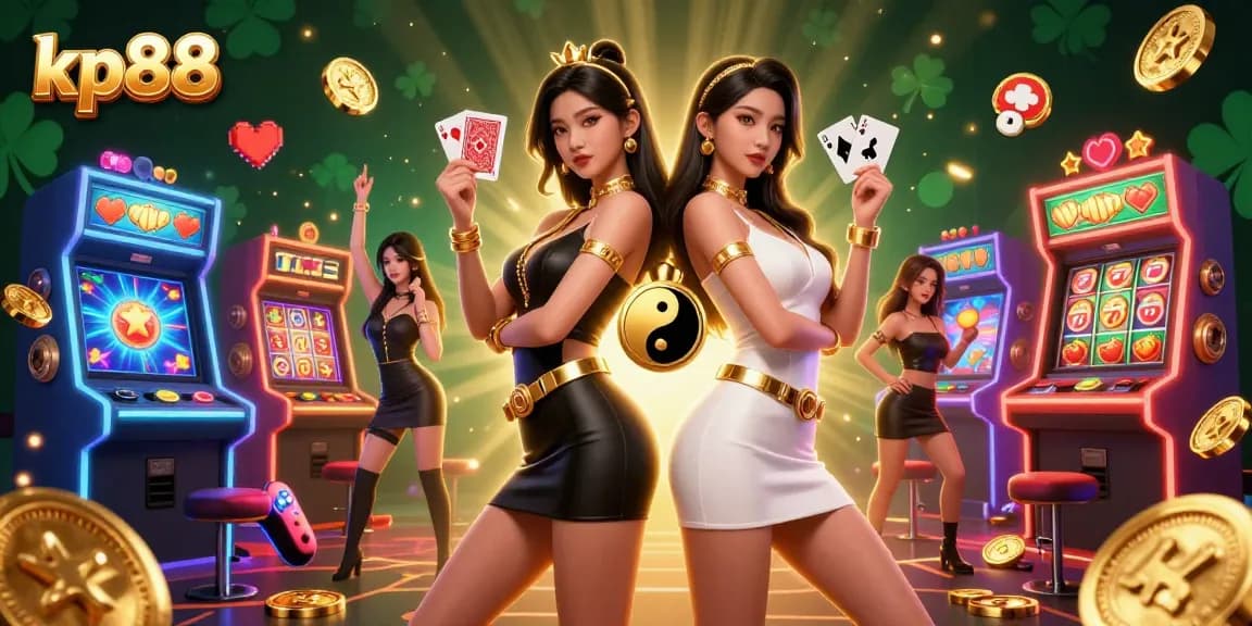 Engage with kp88 casino excitement as twin Asian women showcase powerful poker tactics with vibrant game elements.