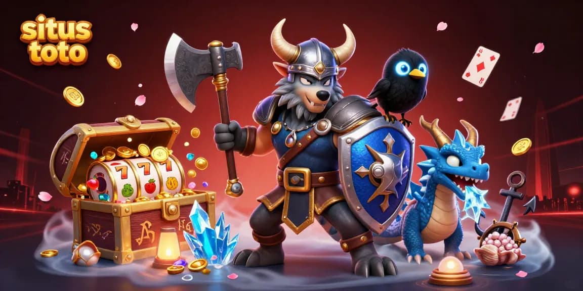 Memainkan situs toto dengan Viking dan naga, dikelilingi harta karun dan slot mesin.