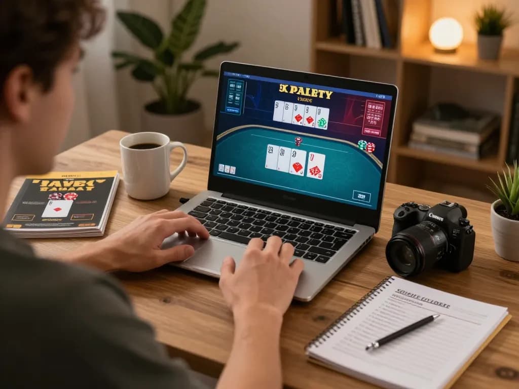 Nego77 gaming expert analyzing poker odds and strategies from home in a cozy environment.