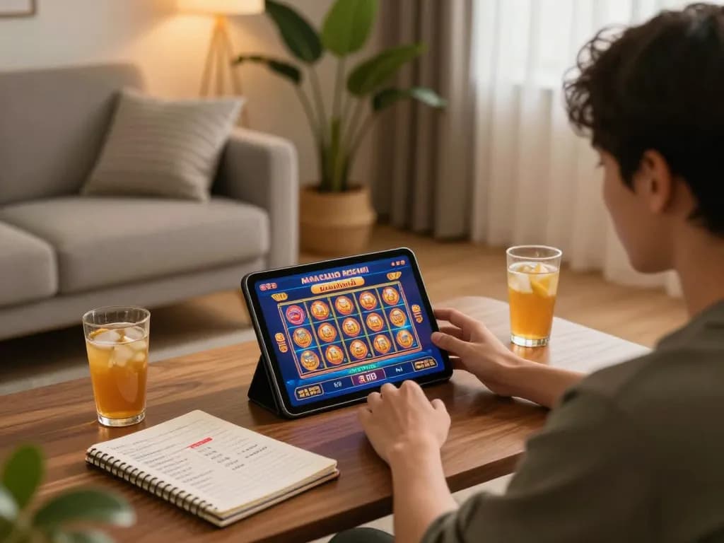 Engaging player focusing on slot macau resmi game on their tablet in a cozy home setup