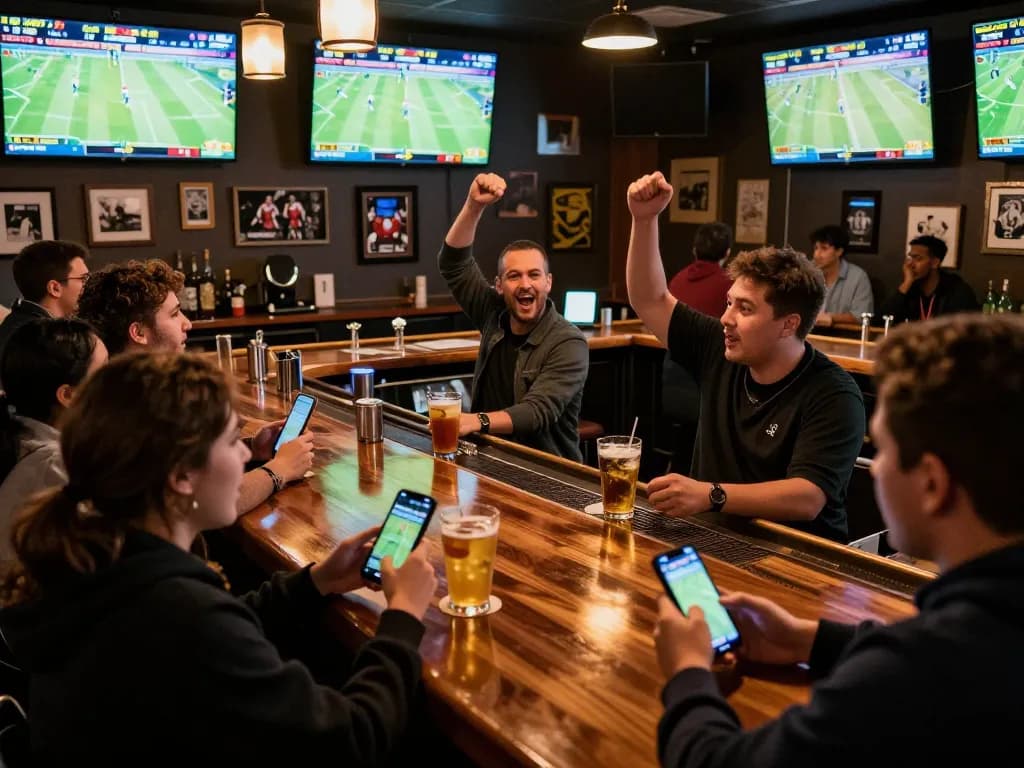Exciting sports fans engaging in betting at the bar during live games on 78 win.