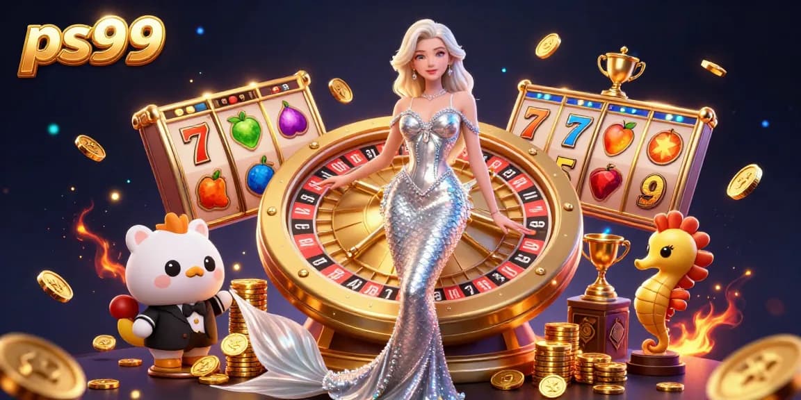 Experience thrilling jackpots at ps99 with a dynamic casino-themed 3D illustration of roulette and slots.