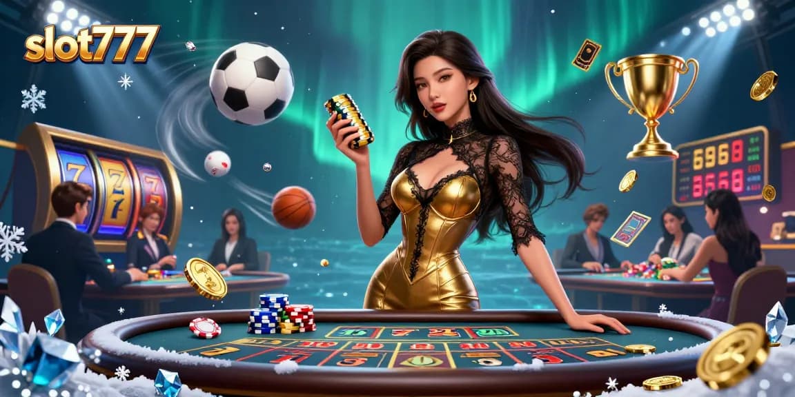 Experience excitement with slot777 as players enjoy a high-stakes baccarat game surrounded by vibrant casino elements.