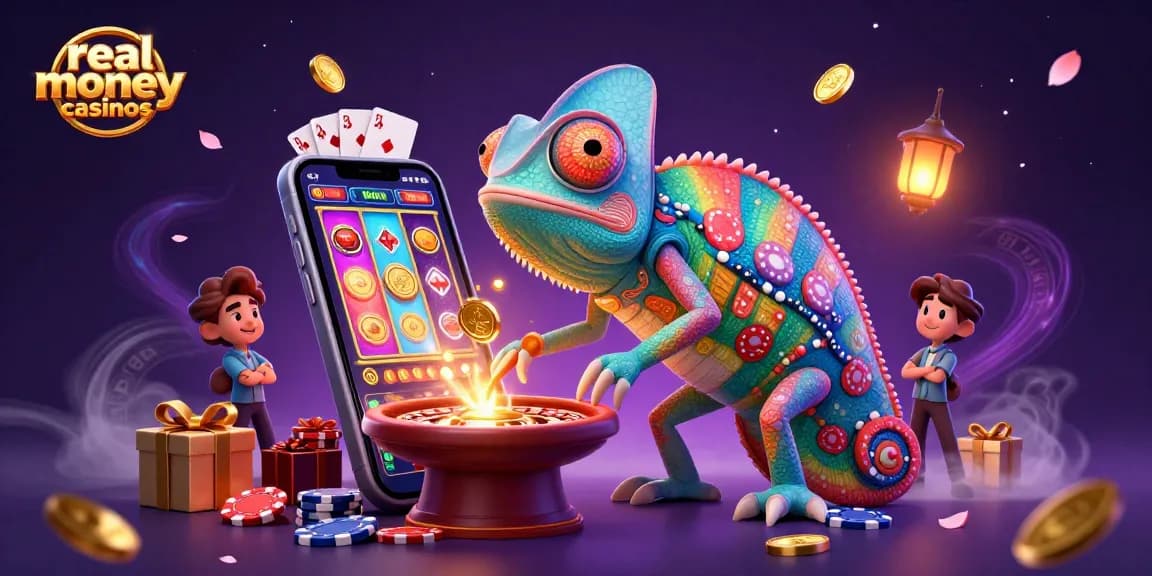 Experience real money casinos with a playful chameleon casino owner capturing golden coins.