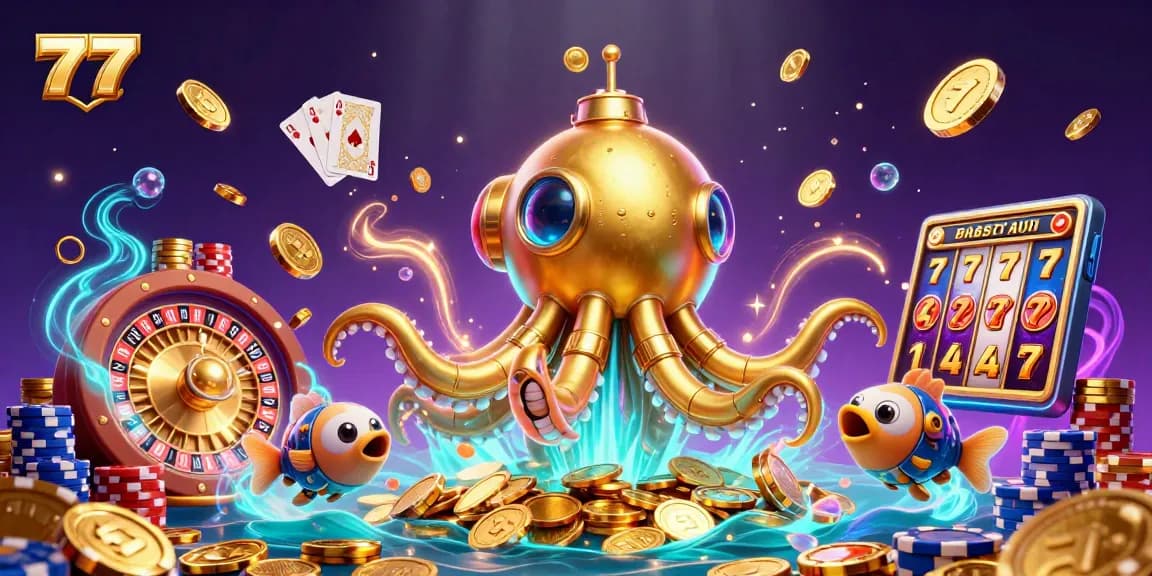 777-themed casino illustration featuring a golden kraken submarine diving through coins with slot reels.