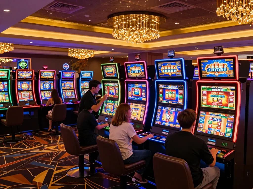 Suasana menarik di paris888 yang menampilkan pemain menang di mesin slot berwarna-warni.