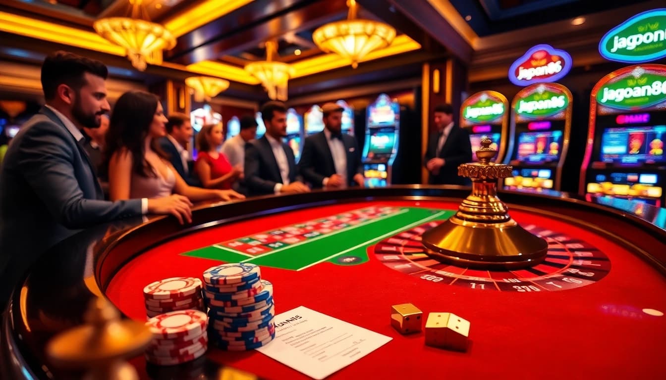 Players engaging at a luxurious casino table with jagoan86 branding, showcasing excitement and high stakes.