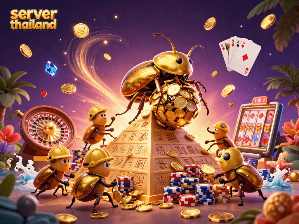 Spin to win with server thailand: 3D beetles rolling golden coins in a vibrant casino scene.