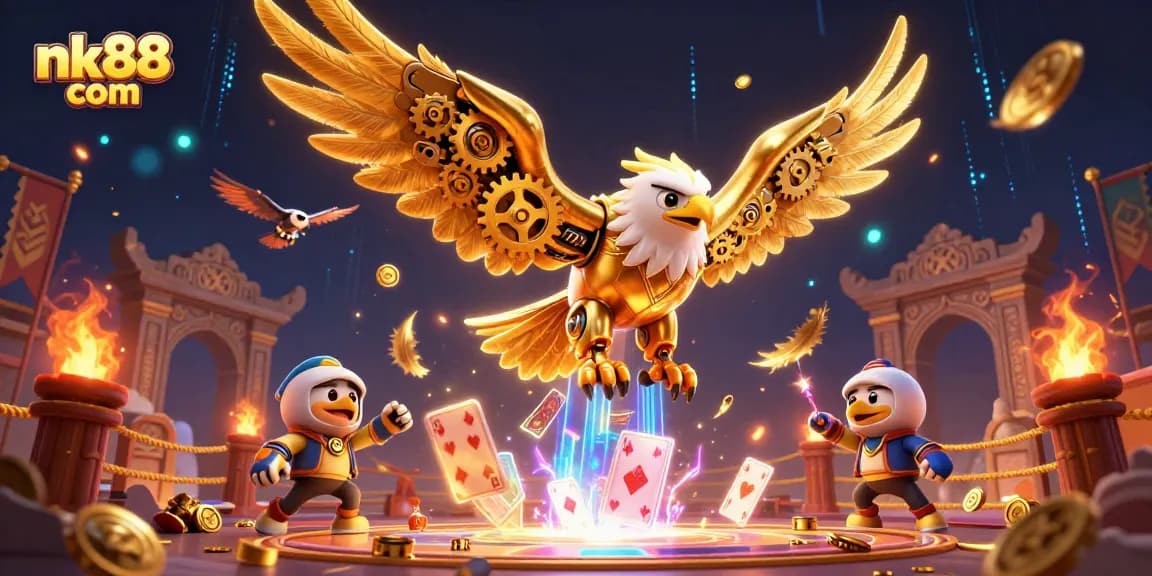 A 3D golden eagle soaring through holographic cards, representing nk88 com's vibrant online casino experience.
