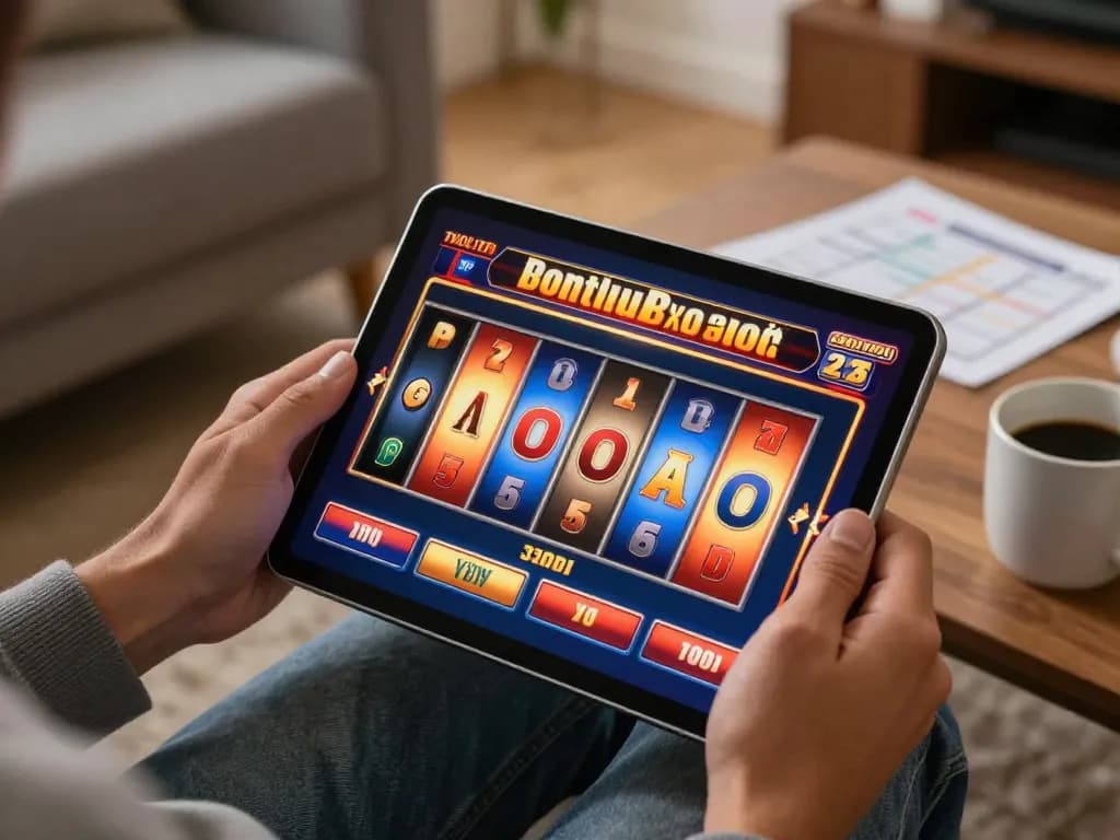 Kegembiraan Panda Win tertangkap selama permainan slot online di pengaturan rumah yang nyaman.