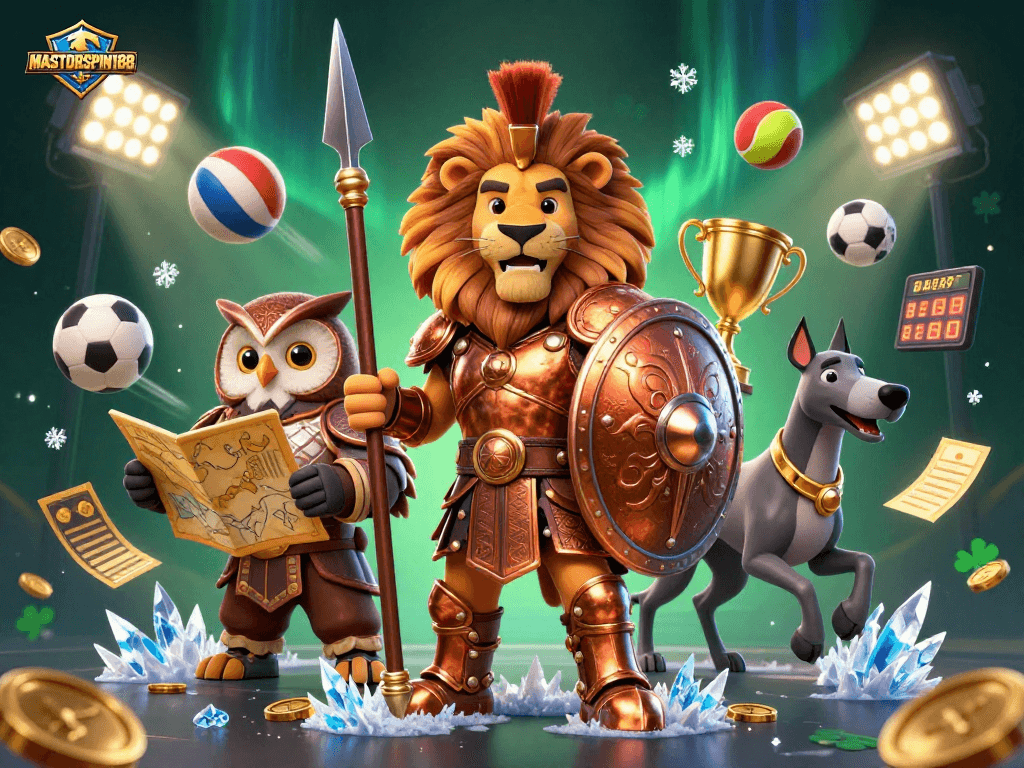 Engage with MASTERSPIN188's thrilling sports betting scene featuring a Spartan lion and dynamic elements.