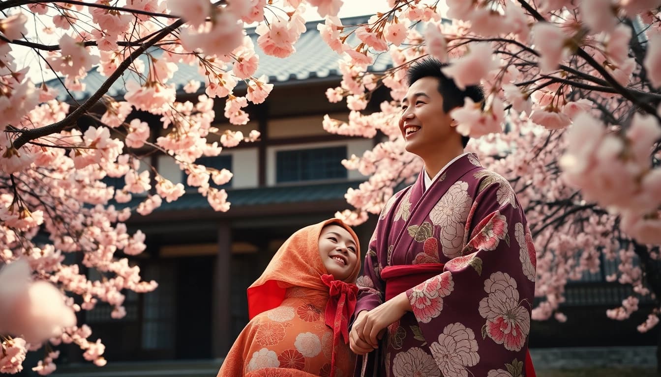Film Jepang dengan pasangan dalam kimono di bawah pohon sakura.