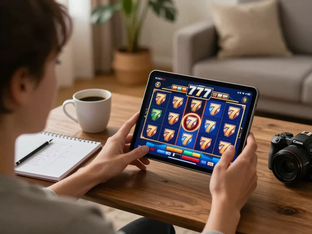 Player engaging with slot777 game on tablet in cozy home setting, showcasing responsible gaming.
