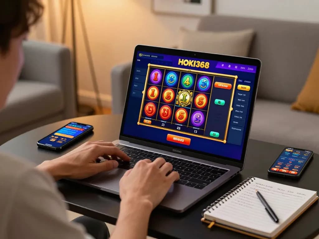 Berinteraksi dengan platform online HOKI368 selama sesi permainan yang menarik, menampilkan permainan slot berwarna-warni.
