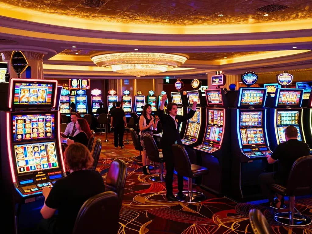 SATRIA123 player celebrating a slot win amidst vibrant casino lights and joyful atmosphere