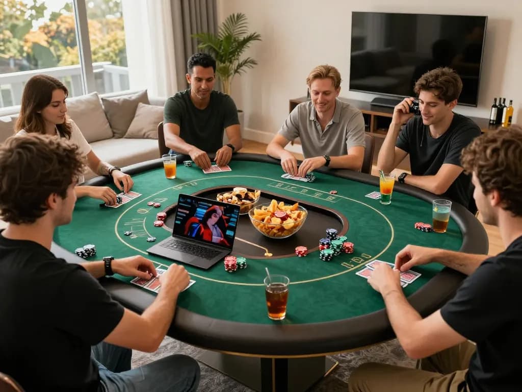 Engaged player analyzing keo nha cai odds during a home poker game, showcasing casual competition atmosphere.