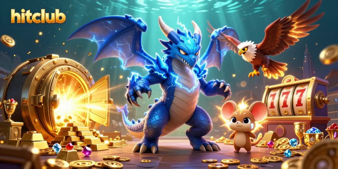 Engage with hitclub's vibrant slots scene, featuring a dynamic thunder dragon and glowing hawk amidst shimmering treasures.