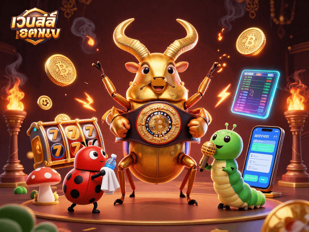 Experience เว็บสล็อตตรง with vibrant slot action featuring a giant golden stag beetle champion and dynamic casino elements.